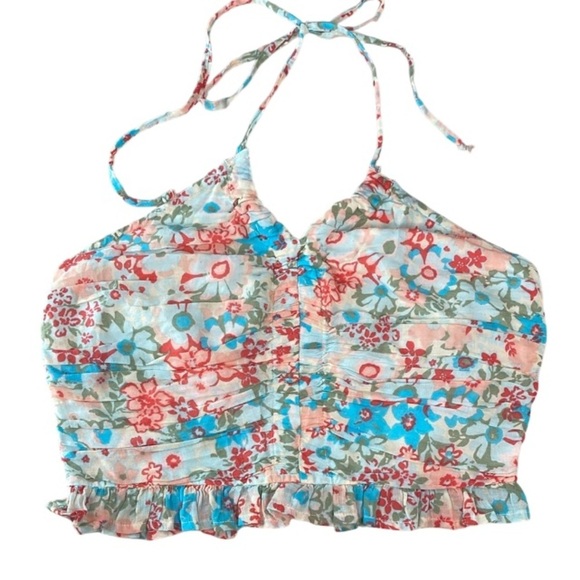 American Eagle Floral Cinch Front Cropped Halter Tank Top Pastel Y2K Smock S - Picture 2 of 11
